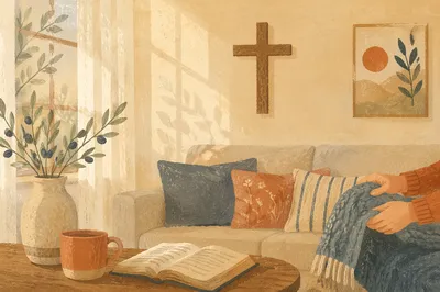 Wooden Cross on Warm Living Room Wall