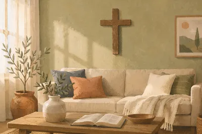 Wooden Cross on Sage Living Room Wall