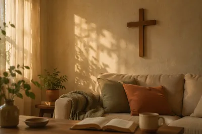 Wooden Cross Above Cozy Living Room Sofa