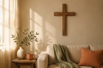 Wooden Cross on Warm Living Room Wall