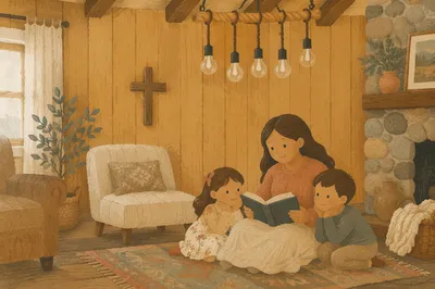 Wooden Cross in Cozy Rustic Living Room