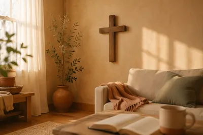 Wooden Cross Above Cozy Living Room Sofa