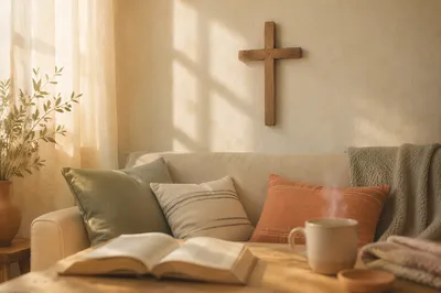 Wooden Cross Above Peaceful Living Room Sofa