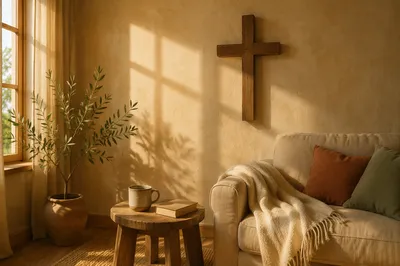 Wooden Cross on Warm Living Room Wall