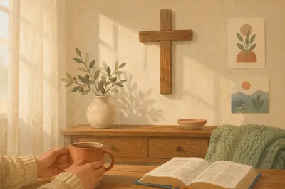 Wooden Cross on Warm Living Room Wall