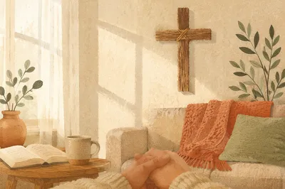 Handmade Wooden Cross in Calm Living Room