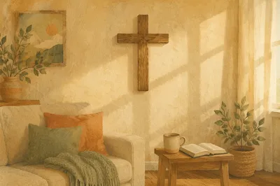 Handmade Wooden Cross in Cozy Living Room