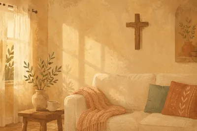 Wooden Cross on Warm Living Room Wall