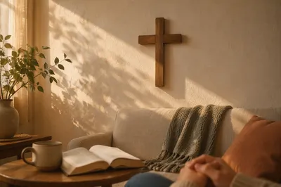 Wooden Cross on Cozy Living Room Wall