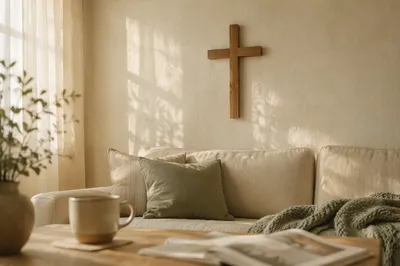 Wooden Cross Above Cozy Linen Sofa