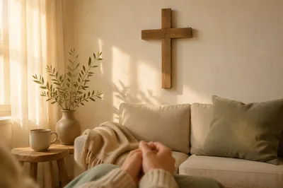 Wooden Cross Above Peaceful Living Room Sofa