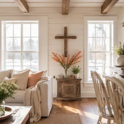 Handmade Wooden Cross in Rustic Living Room