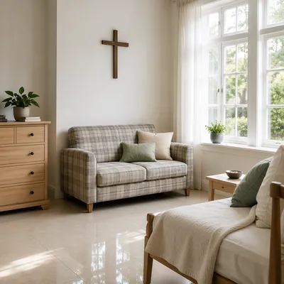 Wooden Cross in Sunlit Living Room