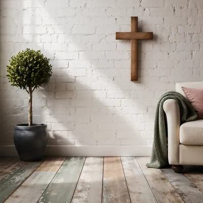 Wooden Cross on Serene Brick Living Room Wall