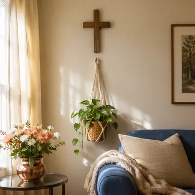 Wooden Cross on Cozy Living Room Wall