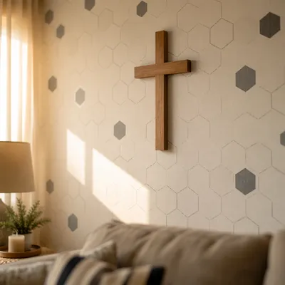 Wooden Cross on Peaceful Living Room Wall