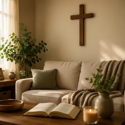 Wooden Cross Above Cozy Living Room Sofa