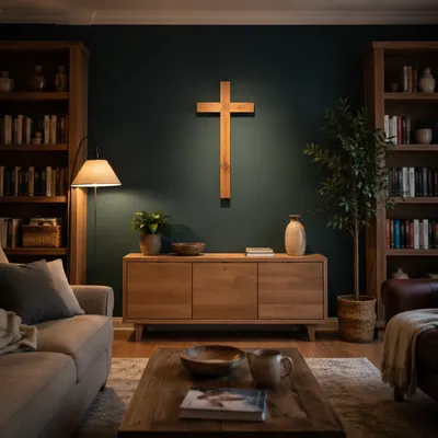 Wooden Cross on Cozy Teal Living Room Wall