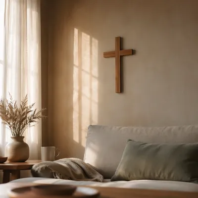 Wooden Cross on Warm Living Room Wall