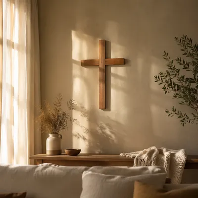Wooden Cross on Warm Living Room Wall
