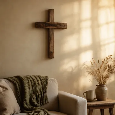 Wooden Cross on Warm Living Room Wall