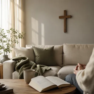 Wooden Cross in Cozy Prayerful Living Room
