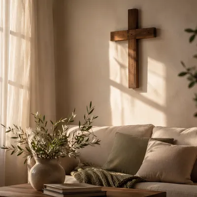 Wooden Cross Above Cozy Linen Sofa