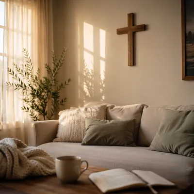 Wooden Cross Above Cozy Living Room Sofa
