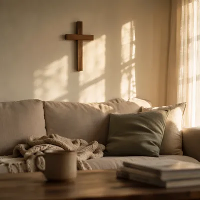 Wooden Cross Above Cozy Living Room Sofa