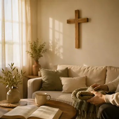 Wooden Cross on Warm Living Room Wall