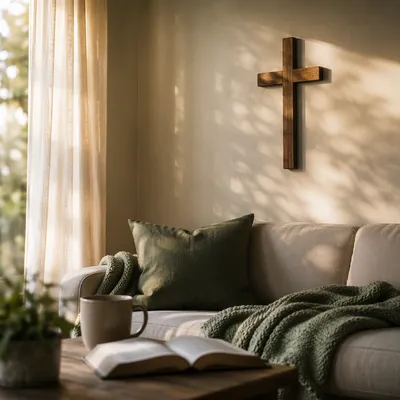 Wooden Cross on Peaceful Living Room Wall