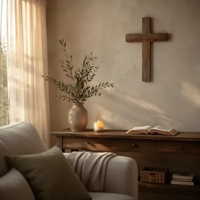 Wooden Cross in Cozy Living Room