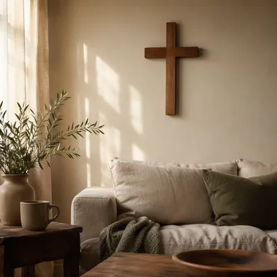 Wooden Cross on Cozy Living Room Wall
