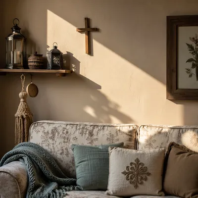 Wooden Cross Above Cozy Living Room Sofa