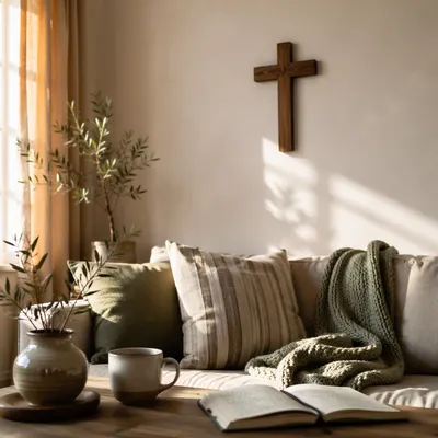 Wooden Cross Above Cozy Living Room Sofa