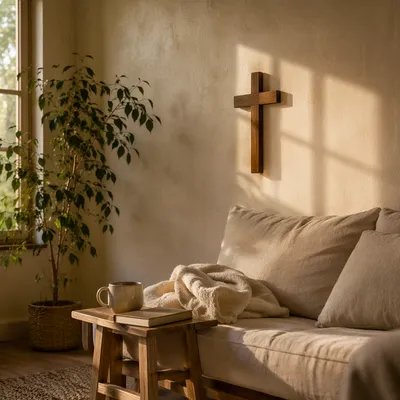 Wooden Cross Above Cozy Living Room Sofa
