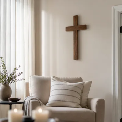 Wooden Cross in Cozy Living Room Corner