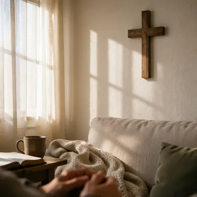 Wooden Cross on Serene Living Room Wall