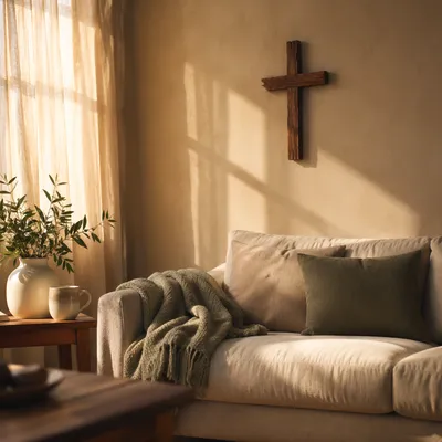 Wooden Cross on Warm Living Room Wall