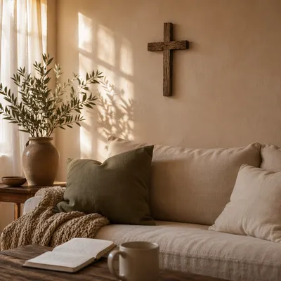 Wooden Cross on Warm Living Room Wall