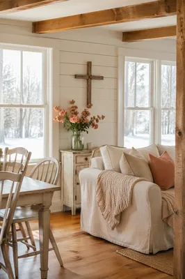 Wooden Cross in Cozy Rustic Living Room
