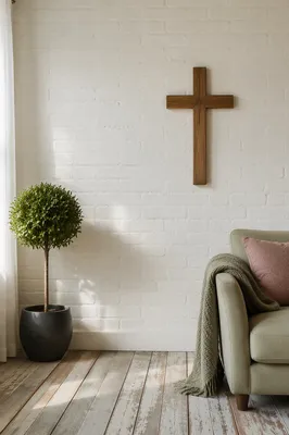 Wooden Cross on White Brick Living Room Wall