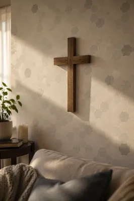 Wooden Cross on Peaceful Living Room Wall