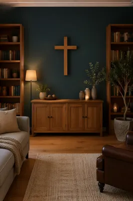 Wooden Cross on Teal Living Room Wall