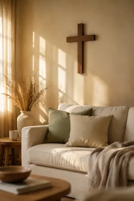 Wooden Cross on Warm Living Room Wall