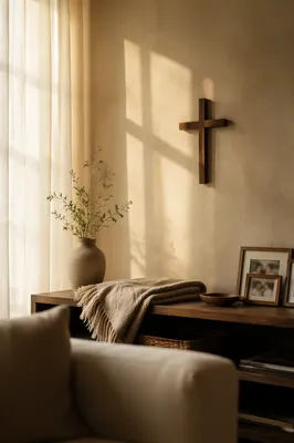 Wooden Cross on Warm Living Room Wall