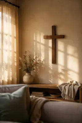 Wooden Cross on Warm Living Room Wall