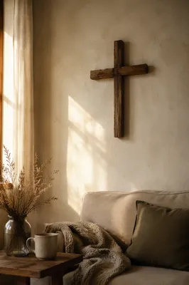 Wooden Cross on Warm Living Room Wall
