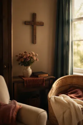 Wooden Cross in Cozy Christian Living Room
