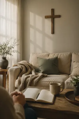 Wooden Cross Above Cozy Living Room Sofa